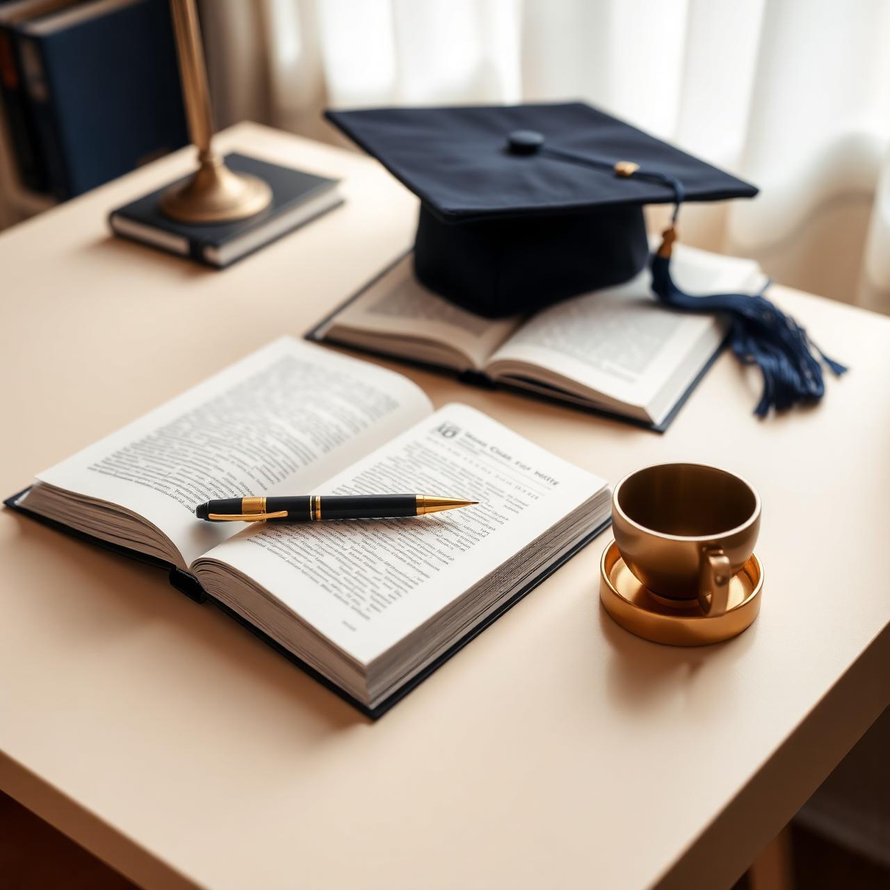 Ambiente de estudo com livros, capelo de formatura e caderno organizado